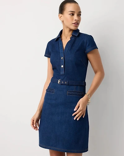 Petite Braided Trim Belted Denim Dress