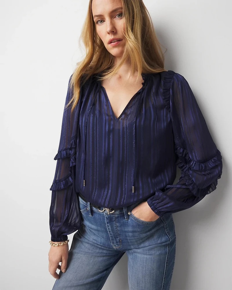 Ruffle Sleeve Sheer Striped Blouse
