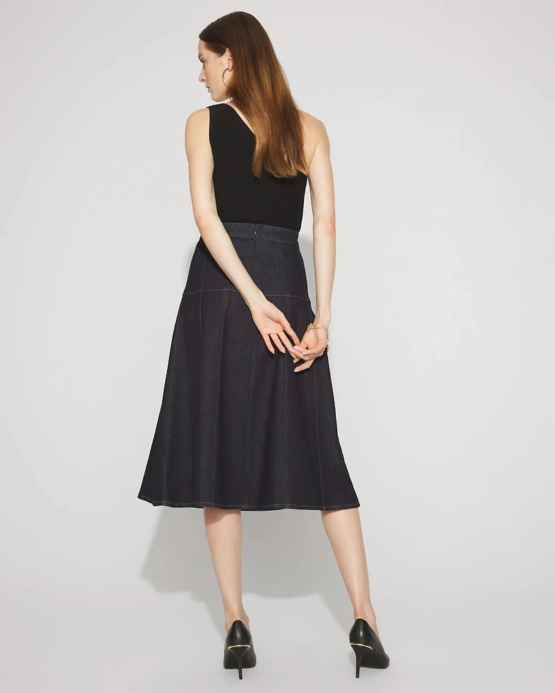 Petite Drop Waist Denim A-Line Midi Skirt