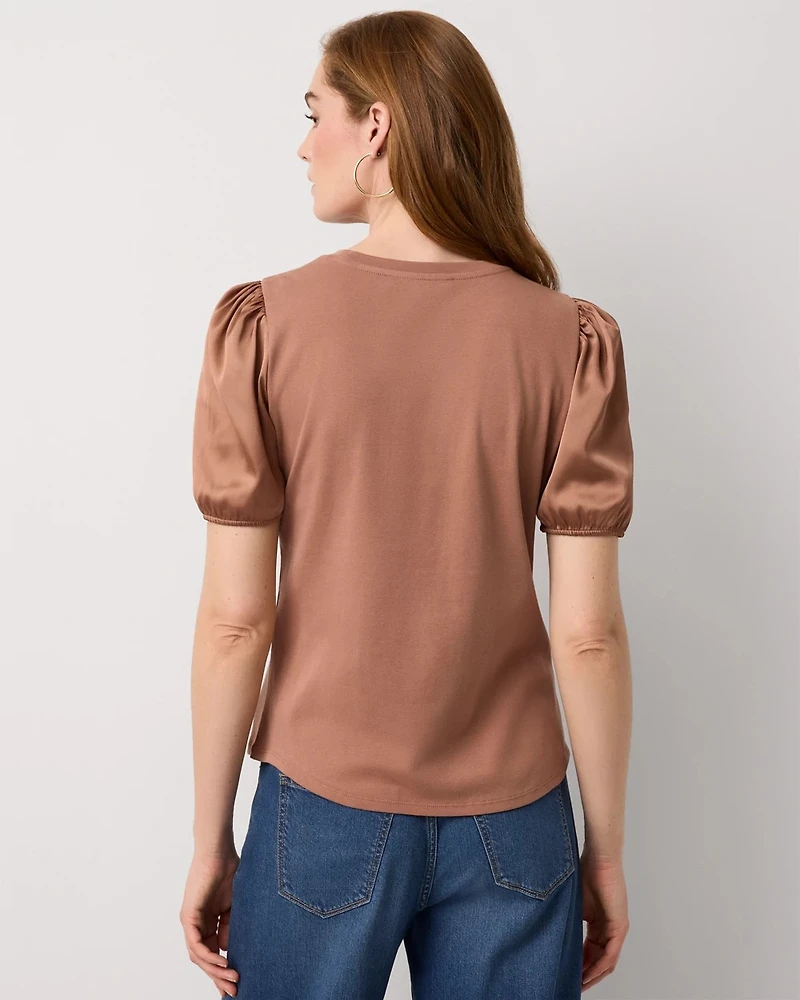 Satin Puff Sleeve Knit Tee