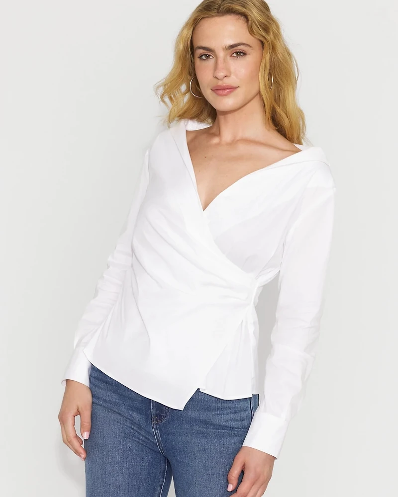 Asymmetric Poplin Wrap Shirt