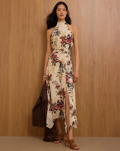 Handkerchief Hem Chiffon Halter Midi Dress