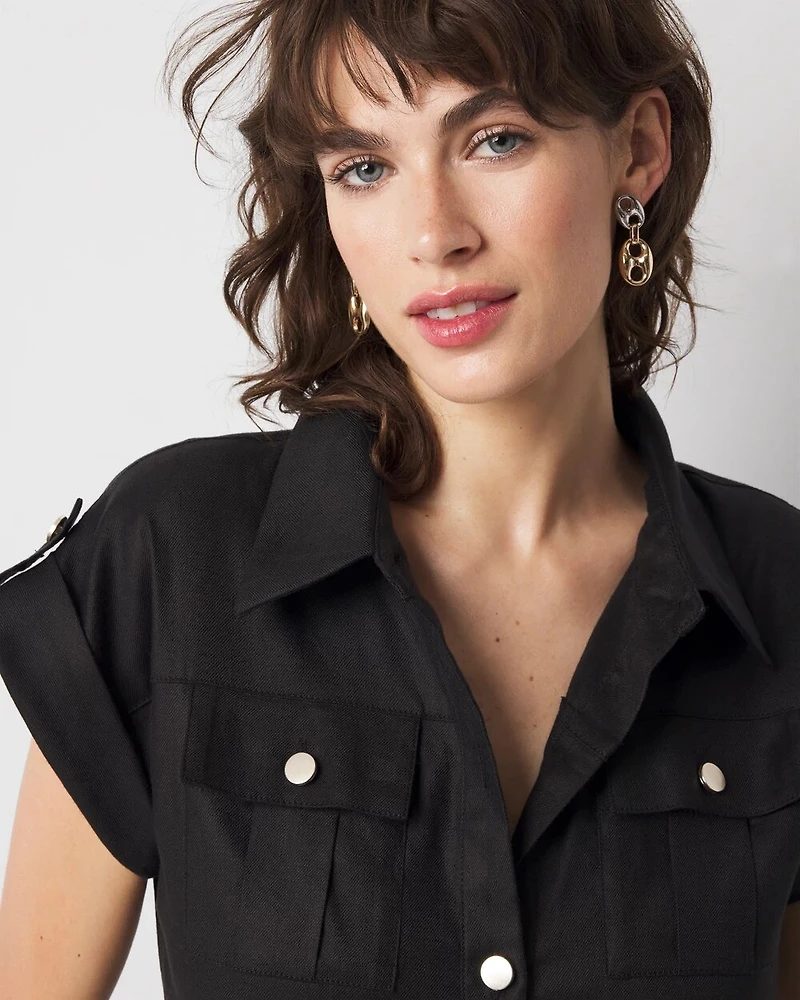 Petite Linen-Blend Short-Sleeve Utility Jumpsuit