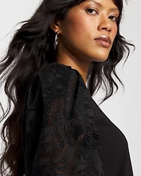 Pleated Lace Sleeve Crewneck Tee