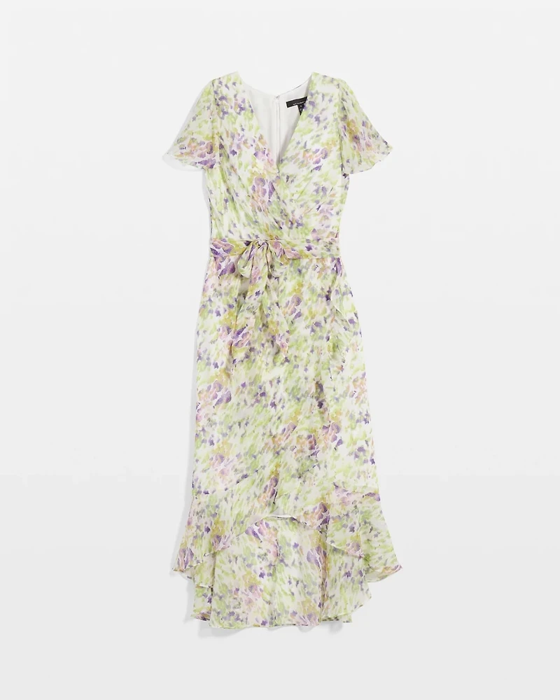 Short Sleeve Flutter Wrap Midi Dress