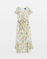 Short Sleeve Flutter Wrap Midi Dress