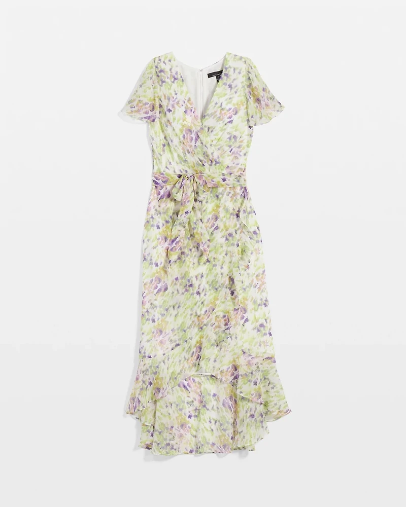 Short Sleeve Flutter Wrap Midi Dress