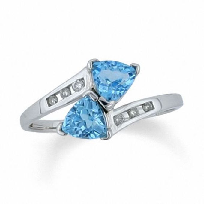 Trillion-Cut Blue Topaz Bypass Ring in 10K White Gold with Diamond Accents