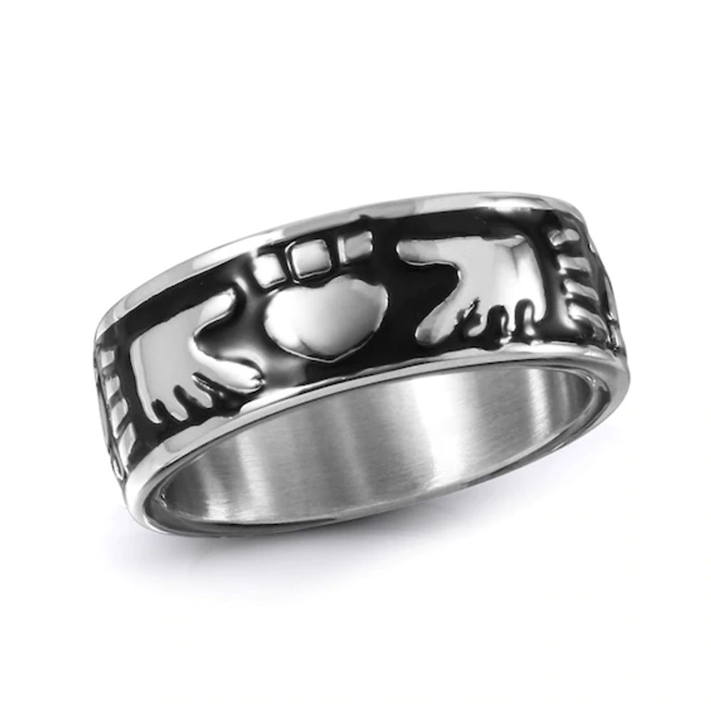 Men's 9.0mm Claddagh Wedding Band Black Enamel and Stainless Steel