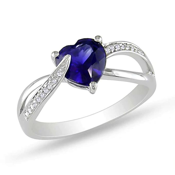 7.0mm Heart-Shaped Lab-Created Blue Sapphire and 1/20 CT. T.w. Diamond Ring in Sterling Silver