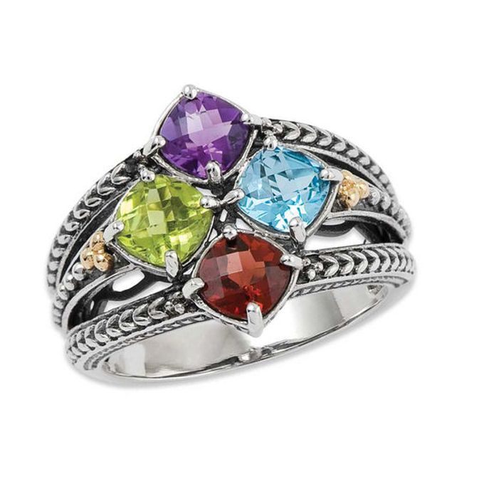 Mother's Cushion-Cut Simulated Birthstone Ring in Sterling Silver and 14K Gold ( Stones