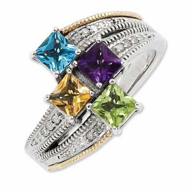 Mother's Princess-Cut Simulated Birthstone and Diamond Accent Ring in Sterling Silver and 14K Gold (4 Stones)