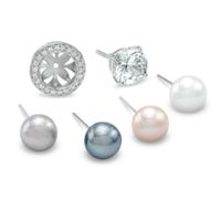 6.5mm Freshwater Cultured Pearl and Lab-Created White Sapphire Earrings and Jacket Set in Sterling Silver