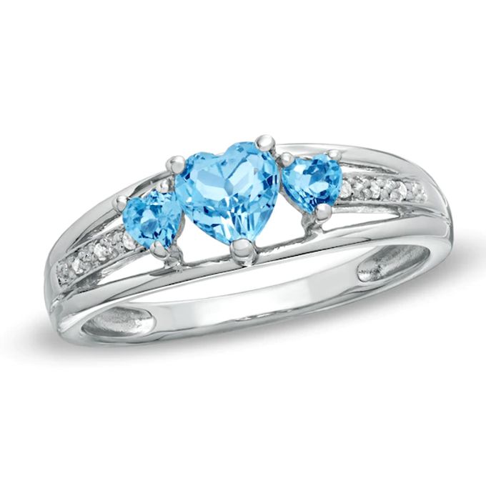 Heart-Shaped Blue Topaz and Diamond Accent Three Stone Promise Ring in 10K White Gold