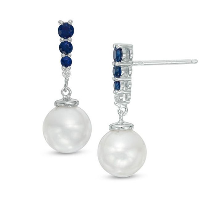 Vera Wang Love Collection Akoya Cultured Pearl, Blue Sapphire and Diamond Accent Drop Earrings in 14K White Gold