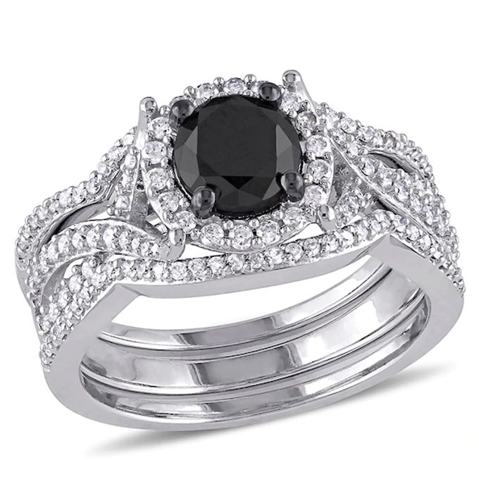 1-1/2 CT. T.w. Enhanced Black and White Diamond Frame Twist Three Piece Bridal Set in 10K White Gold