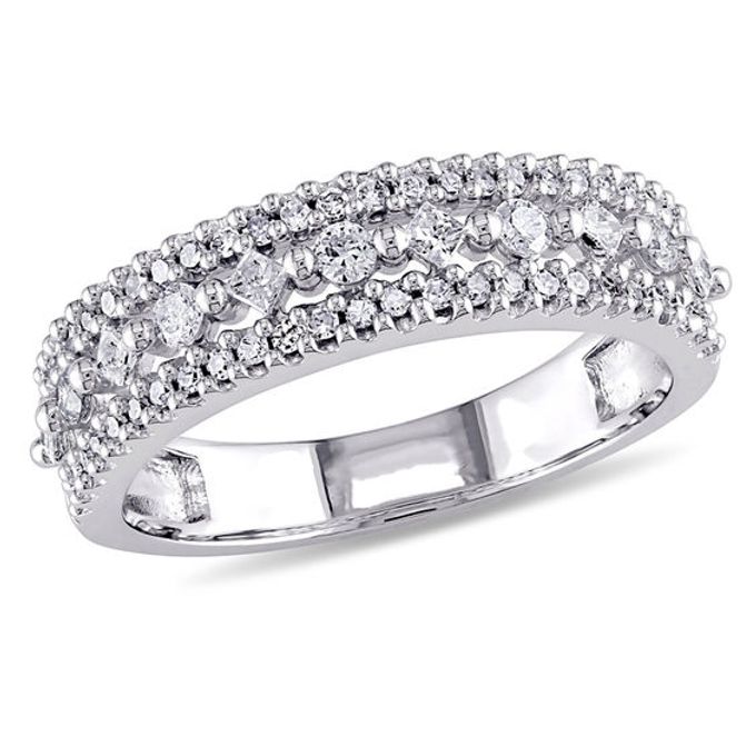 1/2 CT. T.w. Princess-Cut and Round Diamond Multi-Row Band 10K White Gold