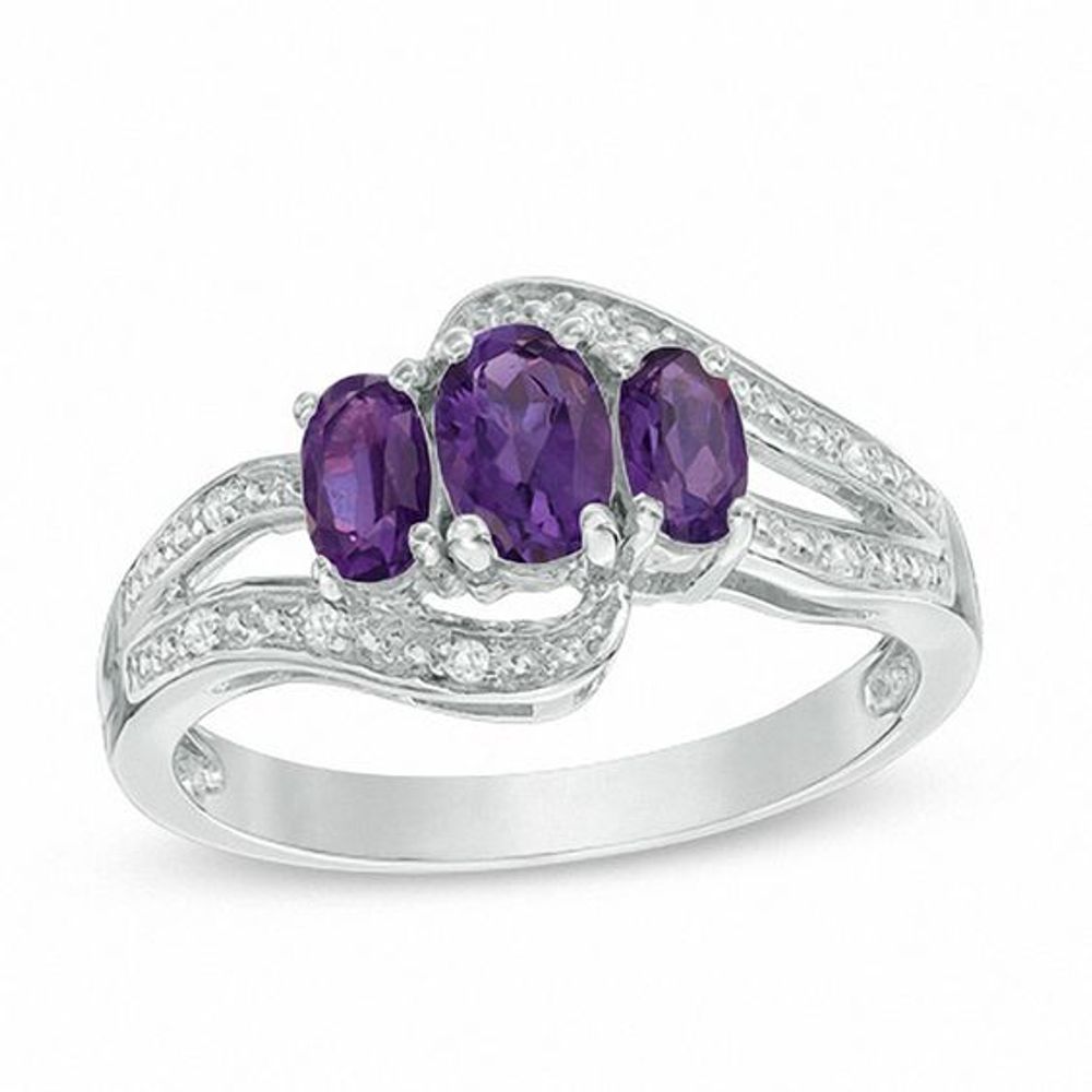 Oval Amethyst and White Topaz Three Stone Bypass Ring in Sterling Silver