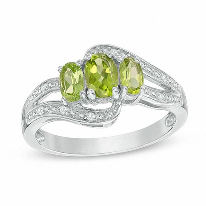 Oval Peridot and White Topaz Three Stone Bypass Ring in Sterling Silver