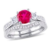 6.0mm Lab-Created Ruby and White Sapphire with 1/8 CT. T.w. Diamond Three Stone Bridal Set in 10K White Gold