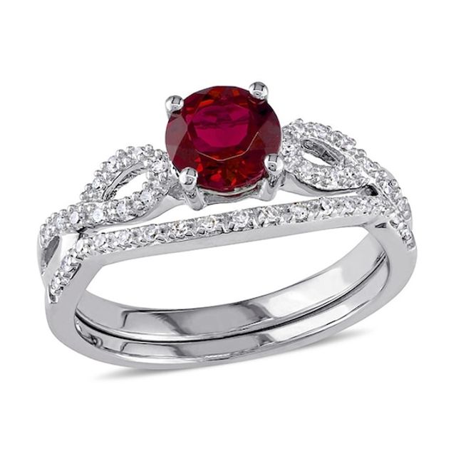 6.0mm Lab-Created Ruby and 1/8 CT. T.w. Diamond Twist Shank Bridal Set in 10K White Gold