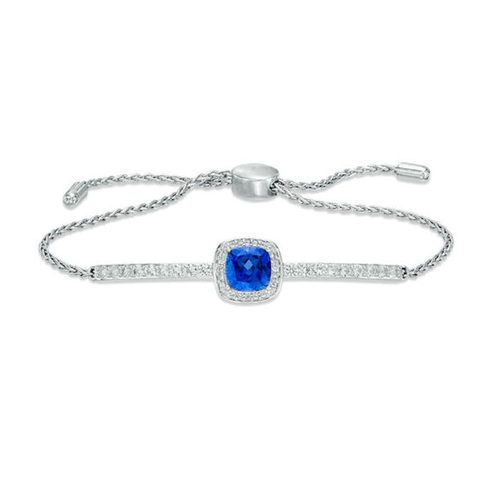 7.0mm Cushion-Cut Lab-Created Blue and White Sapphire Frame Bolo Bracelet in Sterling Silver - 9.0"