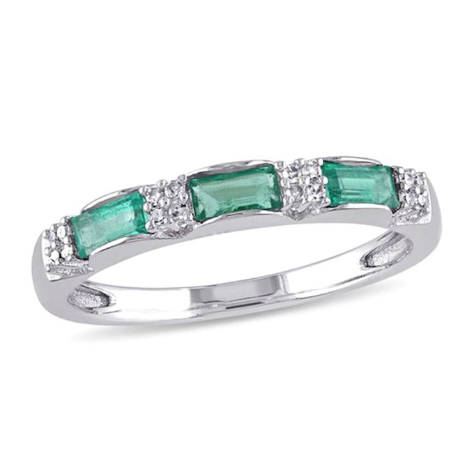 Baguette Emerald and Diamond Accent Three Stone Band 10K White Gold