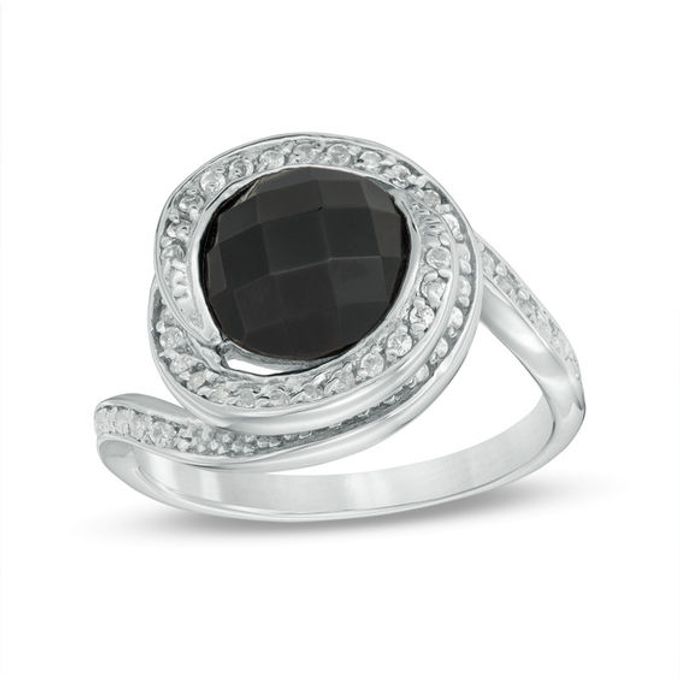 9.0mm Faceted Onyx and White Topaz Swirl Frame Ring in Sterling Silver