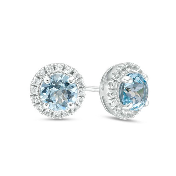5.0mm Aquamarine and Lab-Created White Sapphire Frame Stud Earrings in 10K White Gold