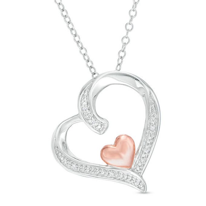 Diamond Accent Tilted Double Heart Pendant in Sterling Silver with 14K Rose Gold Plate