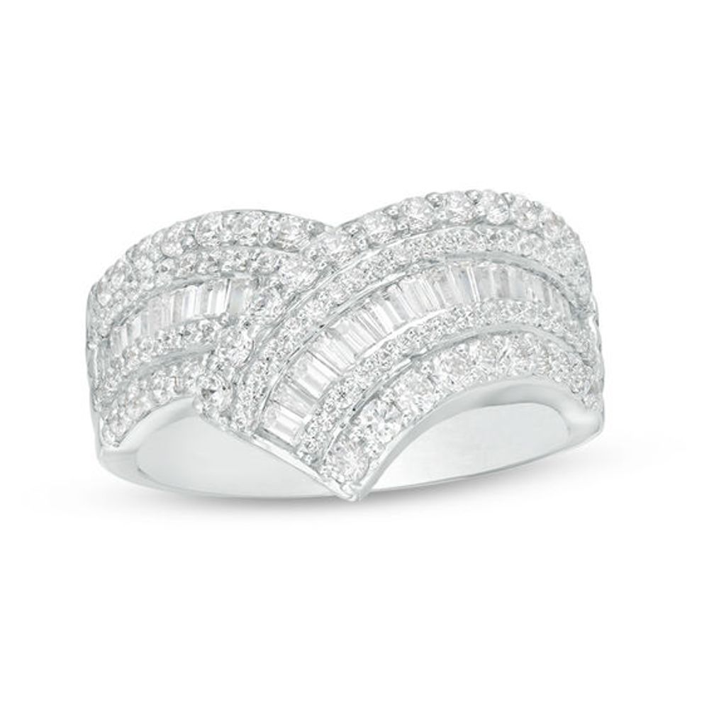 1 CT. T.w. Baguette and Round Diamond Chevron Ring in 10K White Gold