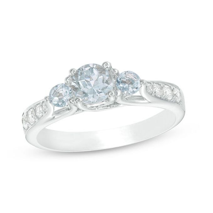 Aquamarine and 1/6 CT. T.w. Diamond Three Stone Ring in 10K White Gold