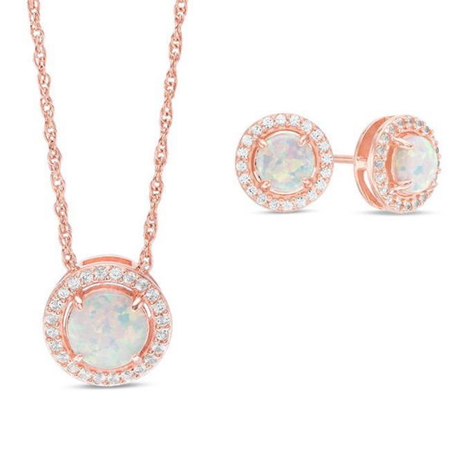 Lab-Created Opal and White Sapphire Frame Pendant and Earrings Set in Sterling Silver with 18K Rose Gold Plate