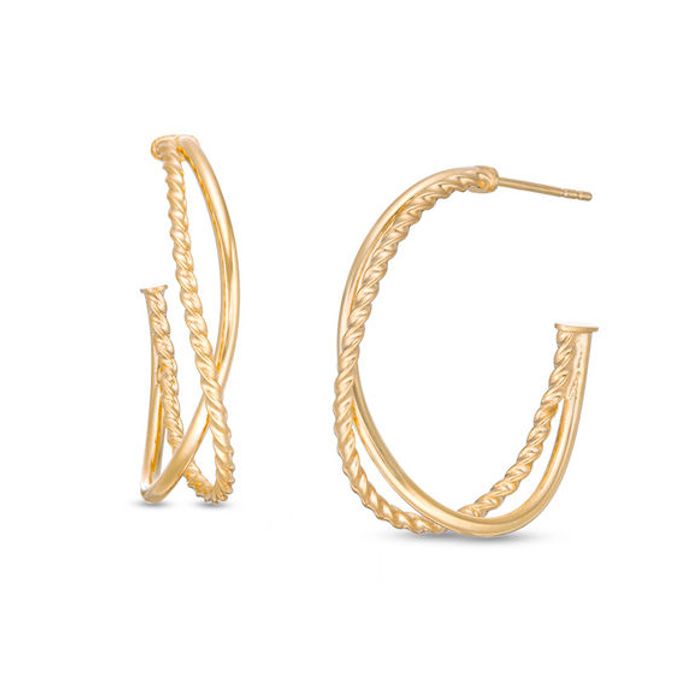 Made in Italy Rope Crossover Double J-Hoop Earrings in 14K Gold