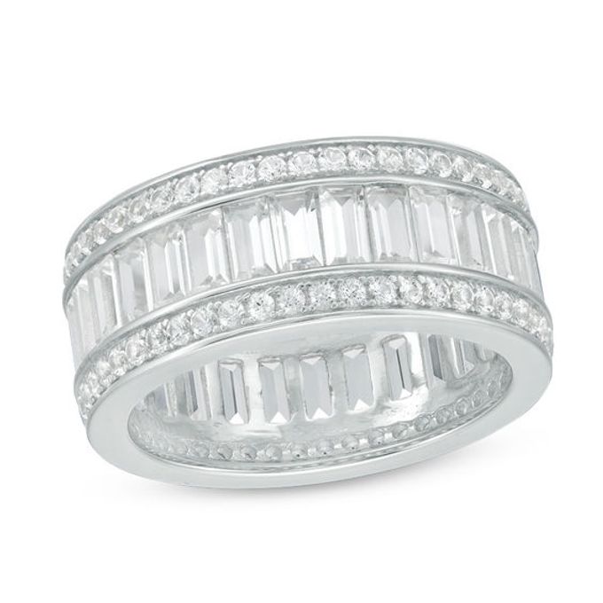 Emerald-Cut and Round Lab-Created White Sapphire Triple Row Band in Sterling Silver