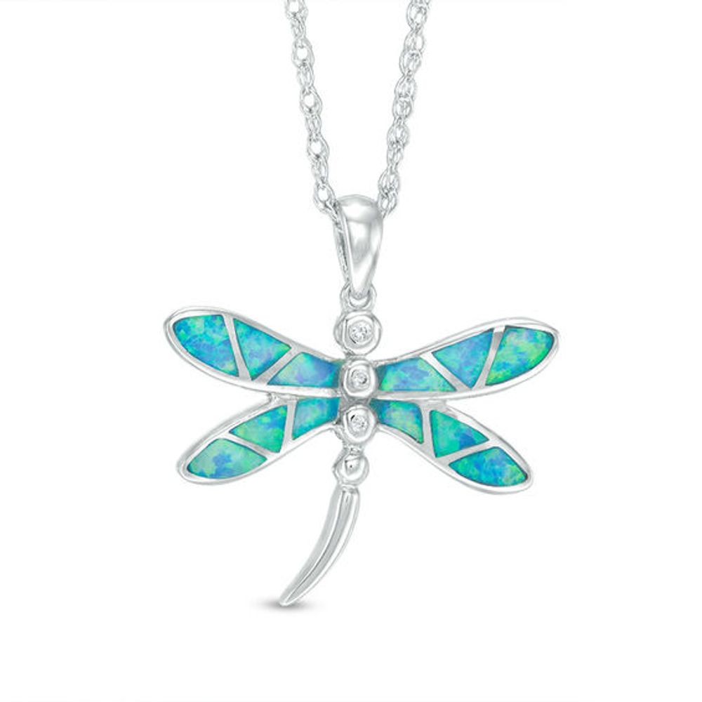 Lab-Created Blue Opal and White Sapphire Dragonfly Pendant in Sterling Silver