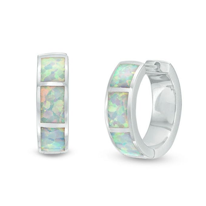 Rectangular Lab-Created Opal Inlay Huggie Hoop Earrings in Sterling Silver