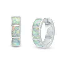 Rectangular Lab-Created Opal Inlay Huggie Hoop Earrings in Sterling Silver