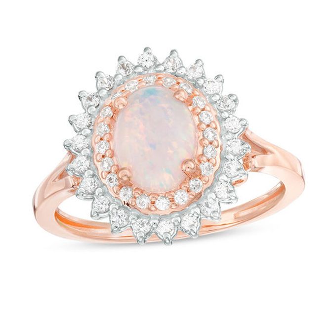 Oval Lab-Created Opal and White Sapphire Starburst Frame Ring in 10K Rose Gold