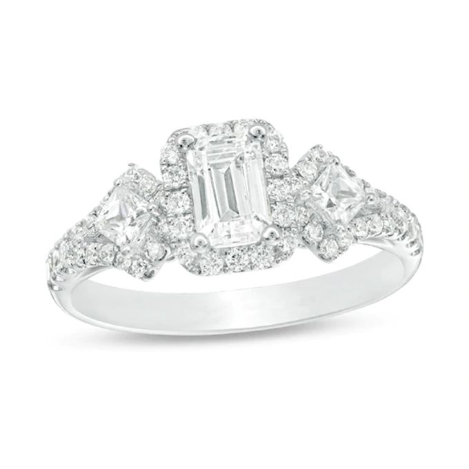 1 CT. T.w. Certified Emerald-Cut Diamond Frame Past Present FutureÂ® Ornate Engagement Ring in 14K White Gold (I/I1)