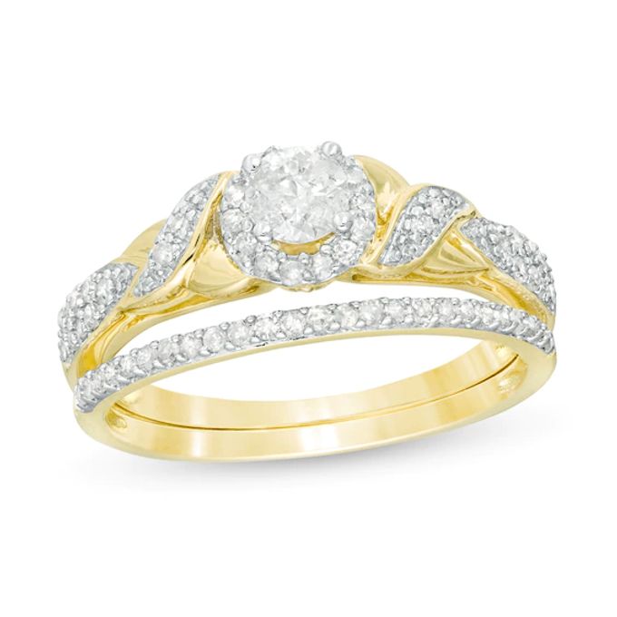 1/2 CT. T.w. Diamond Frame Twist Shank Bridal Set in 10K Gold