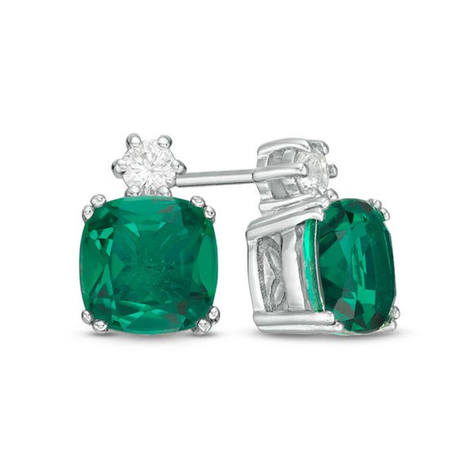 7.0mm Cushion-Cut Green Quartz Doublet and Lab-Created White Sapphire Stud Earrings in Sterling Silver