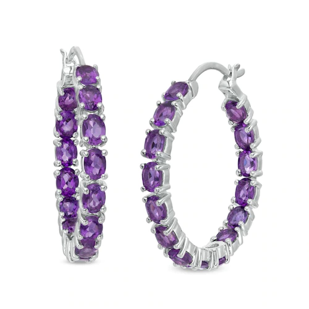 Oval Amethyst Lined Inside-Out Hoop Earrings in Sterling Silver