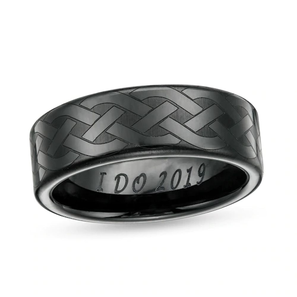 Men's 8.0mm Engravable Multi-Finish Celtic Knot Wedding Band in Black Ceramic (1 Line)