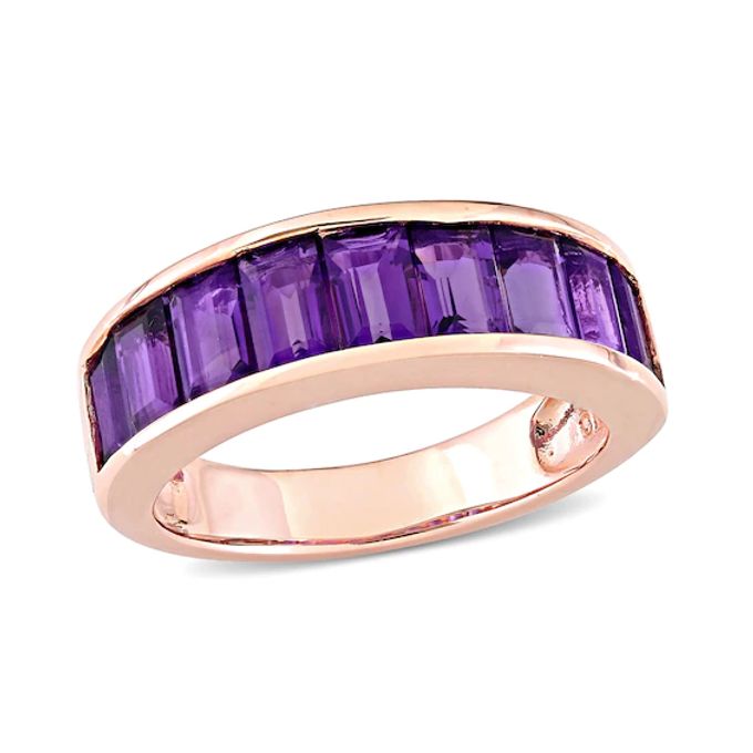 Baguette-Cut Amethyst Band in Sterling Silver with Rose Rhodium