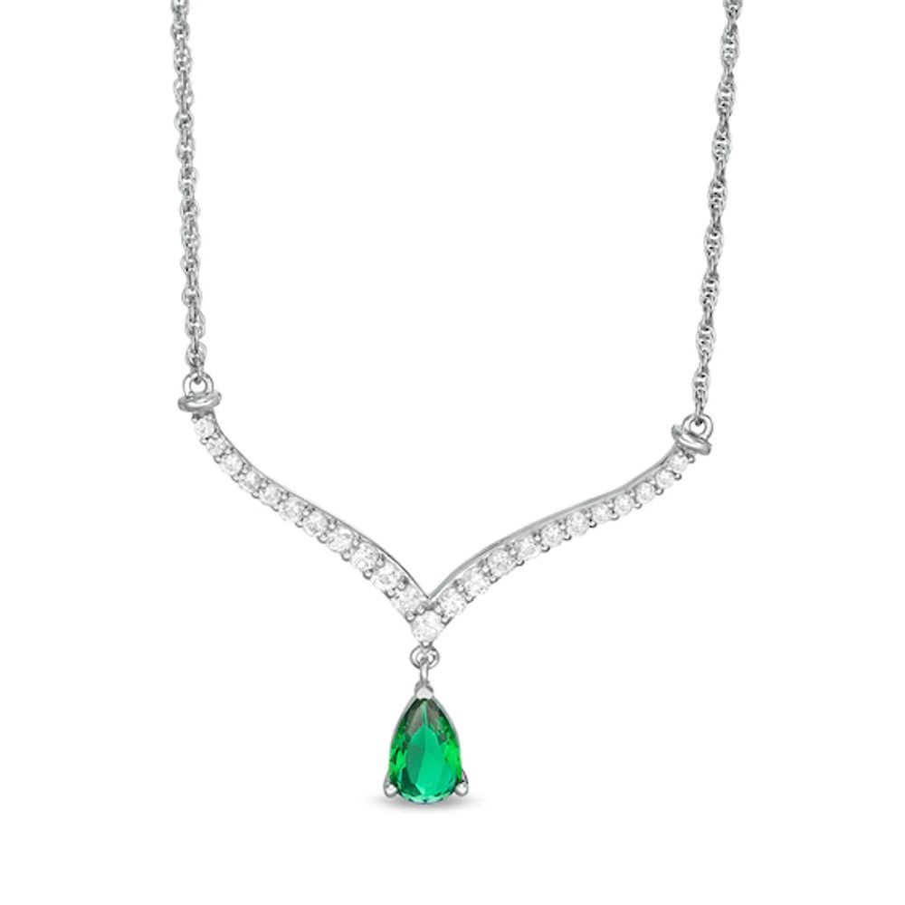 Pear-Shaped Lab-Created Emerald and White Sapphire Chevron Necklace in Sterling Silver