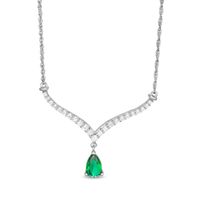 Pear-Shaped Lab-Created Emerald and White Sapphire Chevron Necklace in Sterling Silver