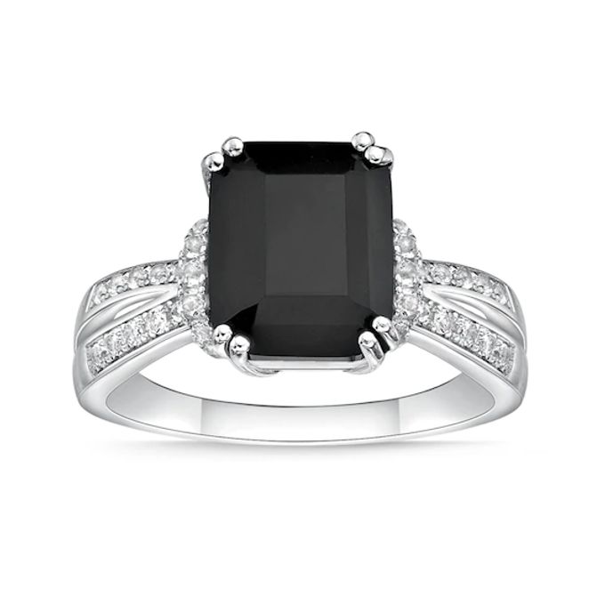 Emerald-Cut Black Onyx and White Topaz Collar Split Shank Ring in Sterling Silver