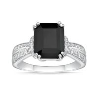 Emerald-Cut Black Onyx and White Topaz Collar Split Shank Ring in Sterling Silver