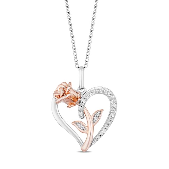 Previously Owned - Enchanted Disney Belle 1/10 CT. T.w. Diamond Rose and Heart Pendant in Sterling Silver - 19"